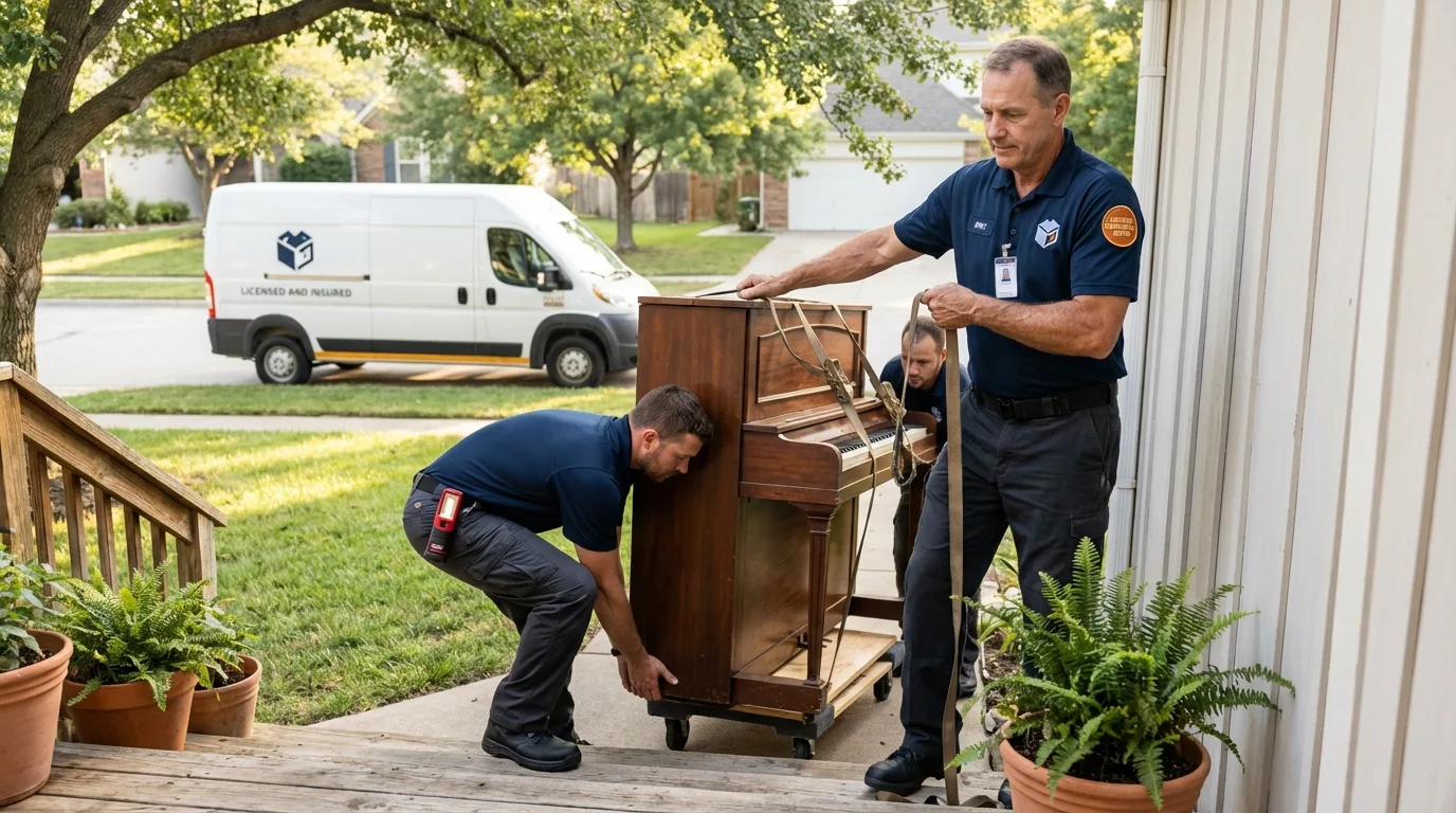 Licensed piano movers securing grand piano in Galesville, WI