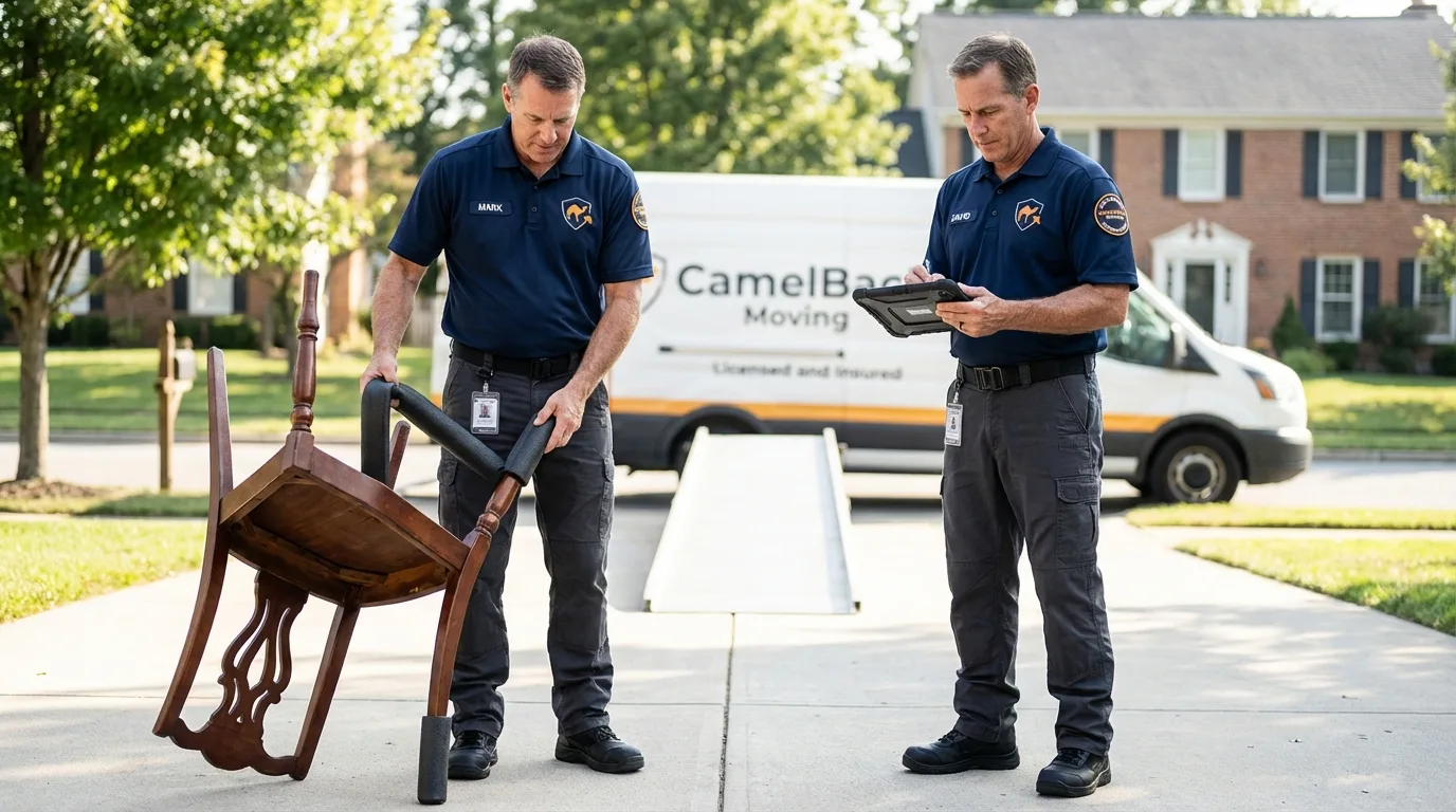 Movers inspecting furniture for damage prevention before loading in Galesville, WI