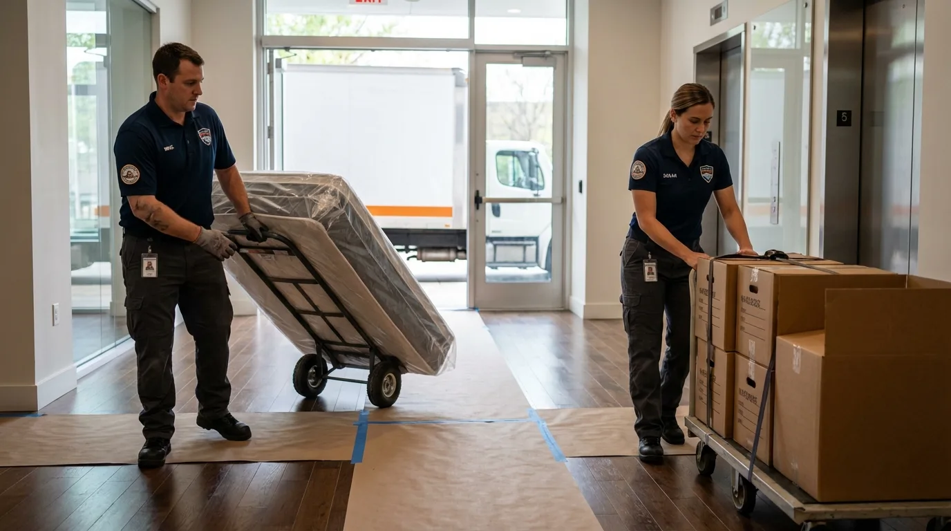 Professional apartment movers loading elevator in Galesville, WI