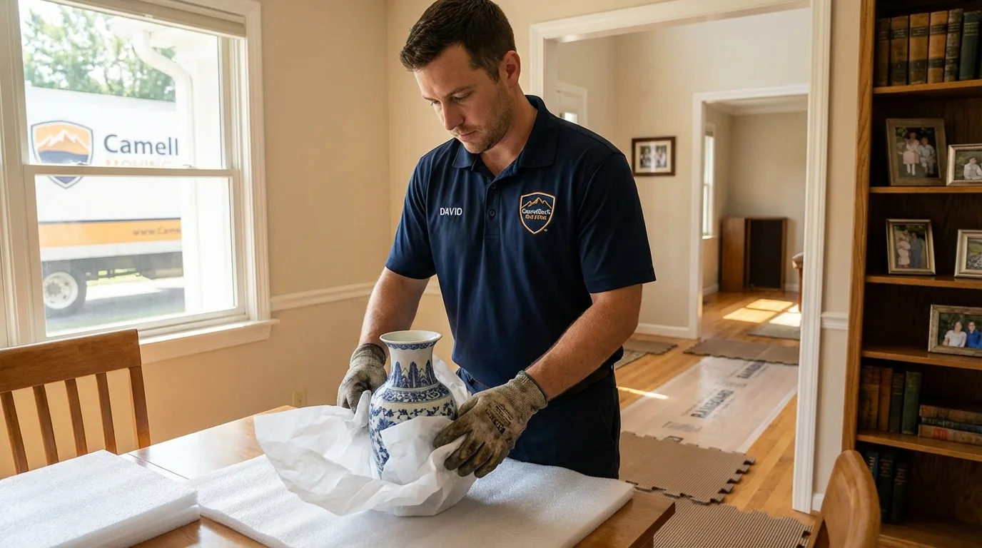 Professional crew carefully wrapping antique vase for senior downsizing move in Galesville, WI