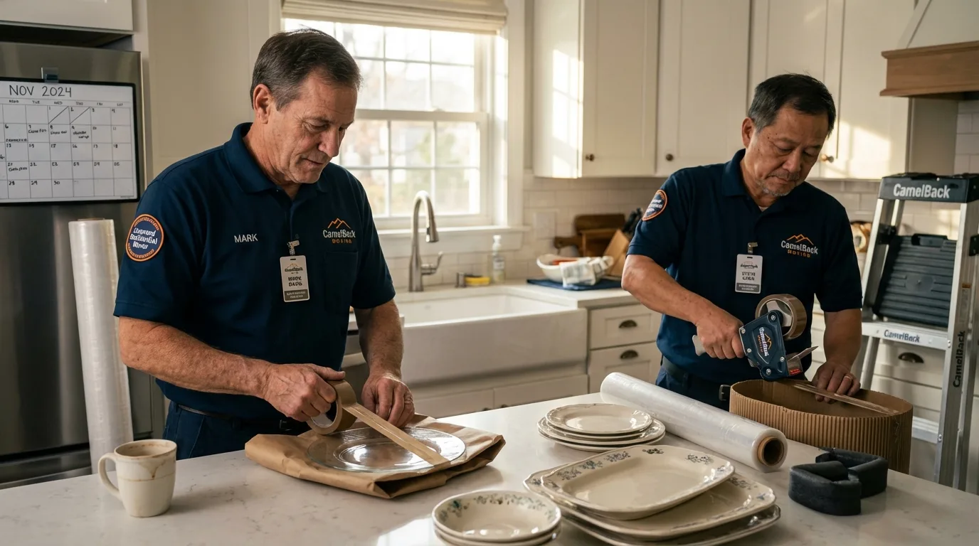 Professional crew packing kitchen dishware in Galesville, WI